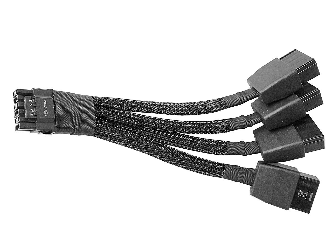 A black cable adapter with four 8-pin power plugs on one end merging into a single small 16-pin 12VHPWR plug on the other