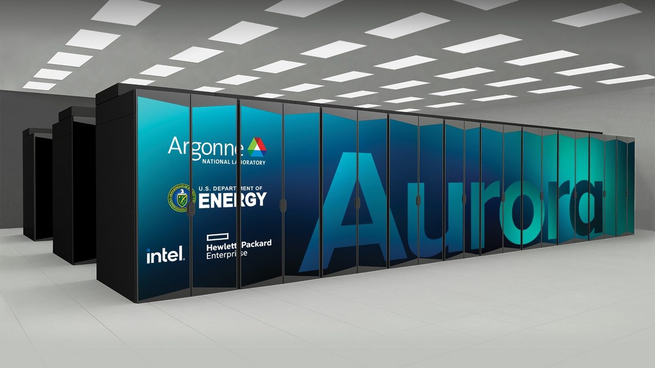 A rendering of the Aurora supercomputer in a bright, empty machine room: a long row of black cabinets whose front panels form a blue banner with the word Aurora in large letters and the logos of Argonne National Laboratory, the US Department of Energy, Intel and Hewlett Packard Enterprise