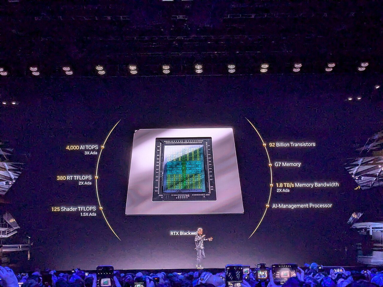 Jensen Huang on stage at CES 2025, small beneath a giant screen showing the RTX Blackwell die and its specifications, including 92 billion transistors