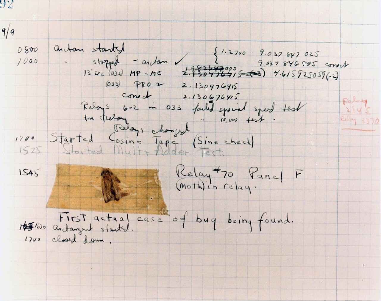 A page from a 1947 logbook with handwritten entries and a moth taped to it beside the note: First actual case of bug being found